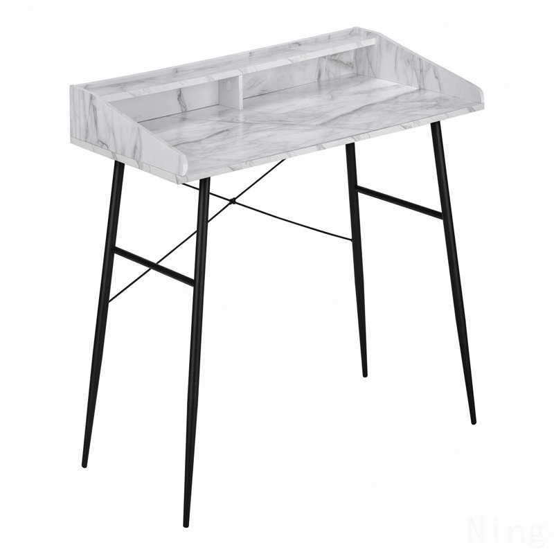Computer Desk, Home Office, Laptop, Storage Shelves, 48"L, Work, White Marble Look Laminate, Black Metal, Contemporary, Modern