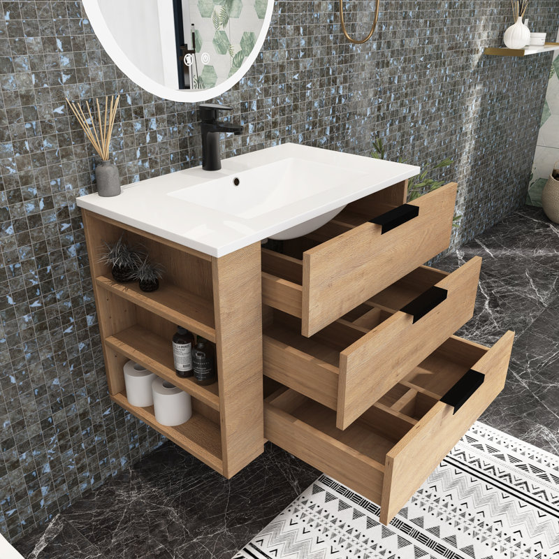 Meuble-lavabo mural simple 30 po avec plateau en marbre de culture Maithe