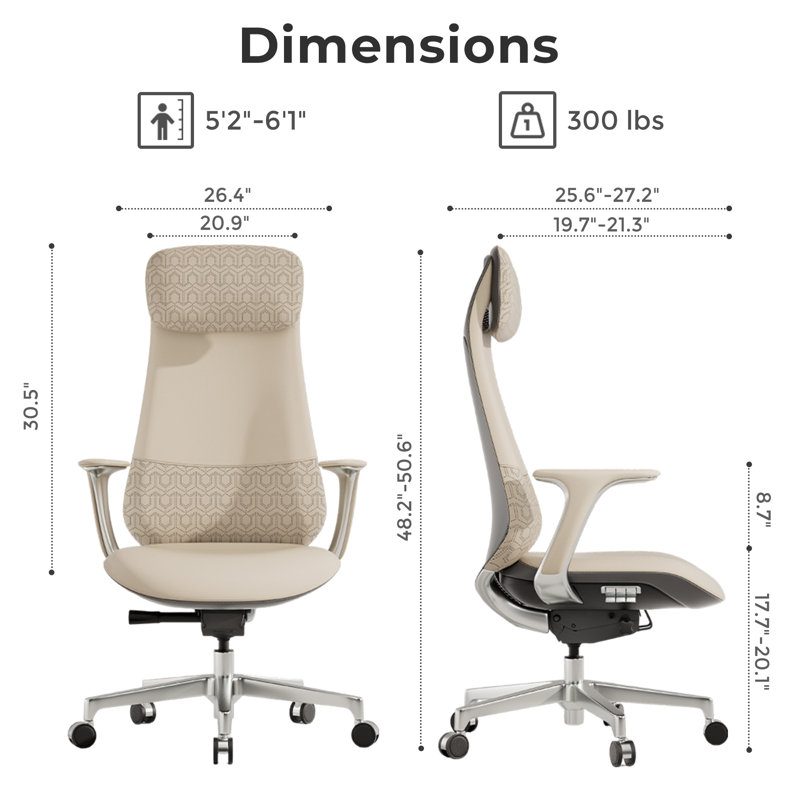 Top-Grain Genuine Leather Executive Chair, Swivel Ergonomic Office Chair, 20.9" Wide Desk Chair with Tilt Reclining, 48.2"-50.6" Adjustable Height,19.7''-21.3'' Adjustable Seat Depth