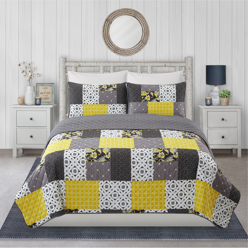 Ensemble de courtepointe réversible en microfibre , Courtepointe double + 2 taies décoratives standar, Jaune