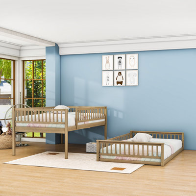 Wood Bunk Bed With Ladder And Guardrails