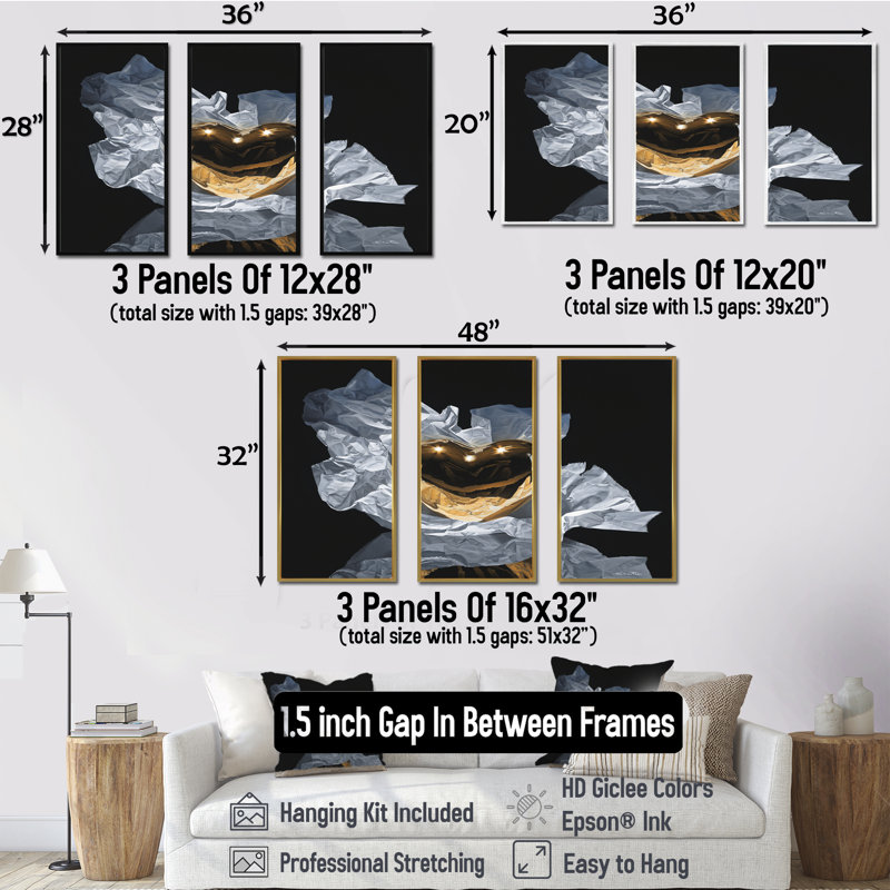 Cœur en or - ensemble d'art mural moderne sur toile encadrée 3 pièces, H 32 po x l 48 po x P 1 po, Noir