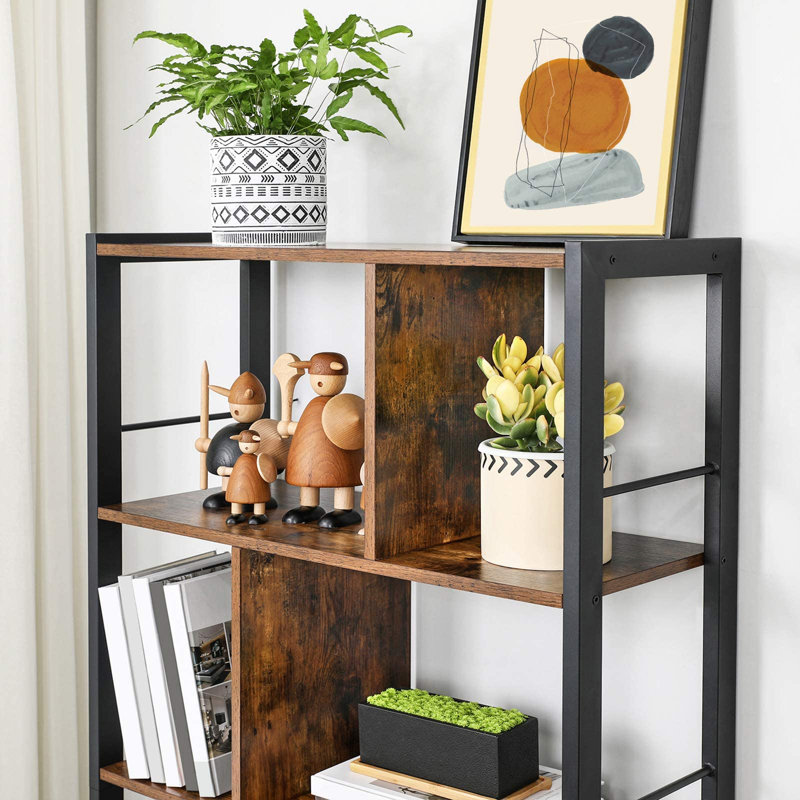 Allon 154.5cm H x 74cm W Metal Etagere Bookcase, Rustic Brown/Black