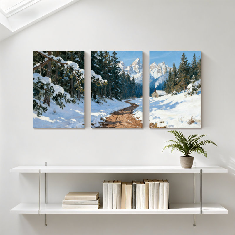 Hiver, forêt, chemin enneigé, vue sur la montagne, paysage d'hiver, ensemble de 3 impressions sur toile, H 36 po x l 72 po
