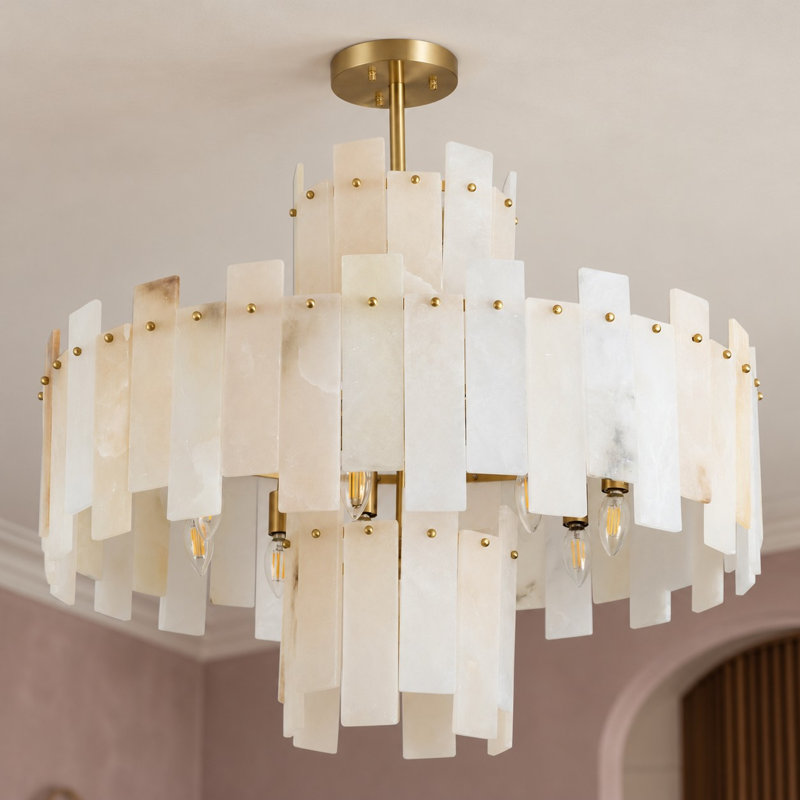 32 in. Gold 12-Light 3-Tier Geometric Alabaster Semi Flush Mount Ceiling Light Chandelier