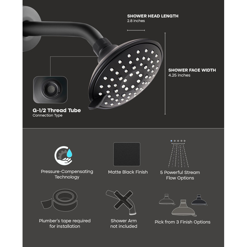 Pomme de douche à massage haute pression 5 fonctions à tête de douche fixe noir mat facile à nettoyer - 4,25 pouces, Noir mat
