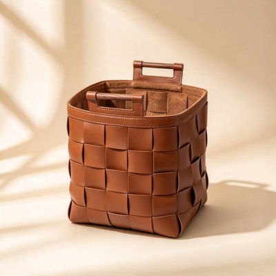 Panier à linge en cuir tissé de style français avec poignées en bois massif, panier de rangement imperméable et résistant aux taches pour l'organisation à la maison