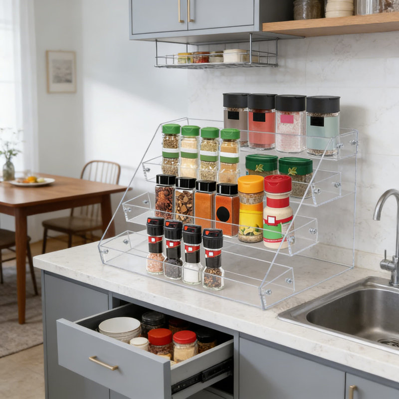 Étagère à épices transparente en acrylique transparent avec 4 tablettes verticales pour le comptoir, l'armoire et le garde-manger