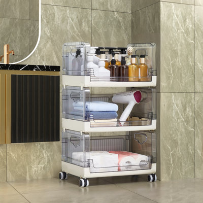 3 Tier Stackable Plastic Storage Carts Kitchen Snack And Toy Storage Baskets With Wheels Storage Rack For Bathroom, Home, Living Room,Office