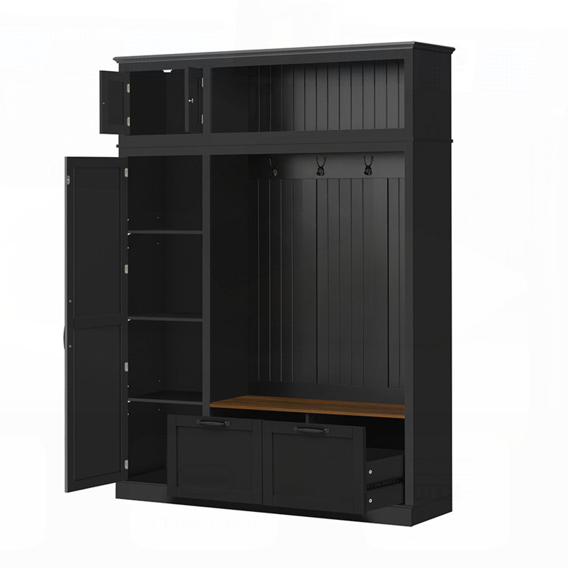 3-in-1 Hall Tree with Overhead Storage, Adjustable Shelves, Heavy-Duty Hooks, Spacious Drawers, and Grooved Back Panel for Entryway Organization