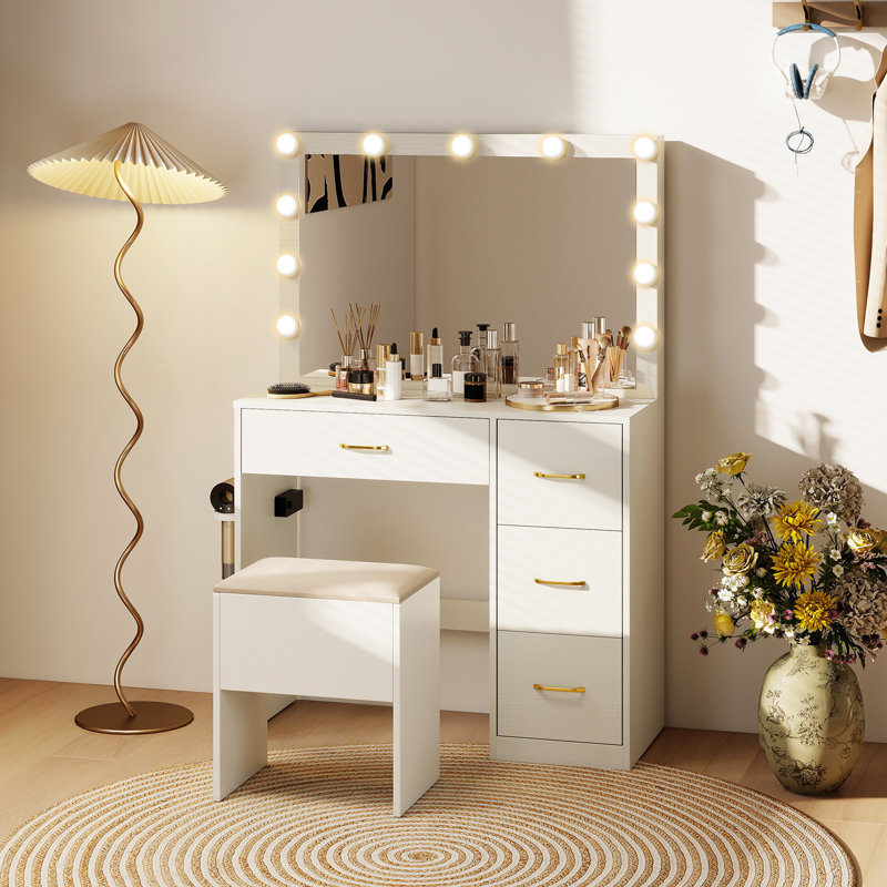 Coiffeuse avec miroir et lumières avec coiffeuse et tabouret de rangement