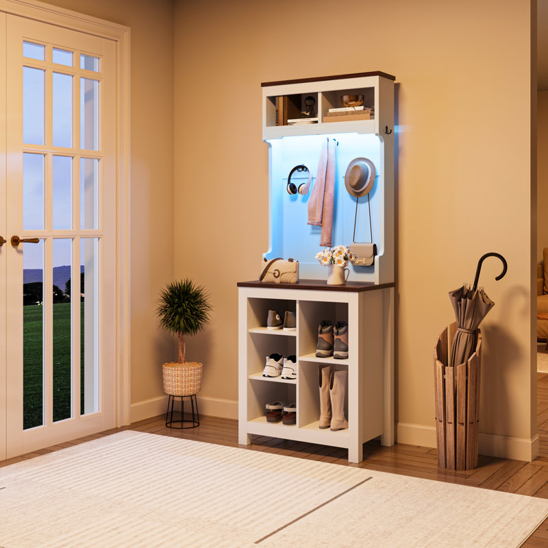 23.6” Wide Farmhouse Style Entryway Hall Tree With Open Shoe Storage, Coat Rack And LED Lights