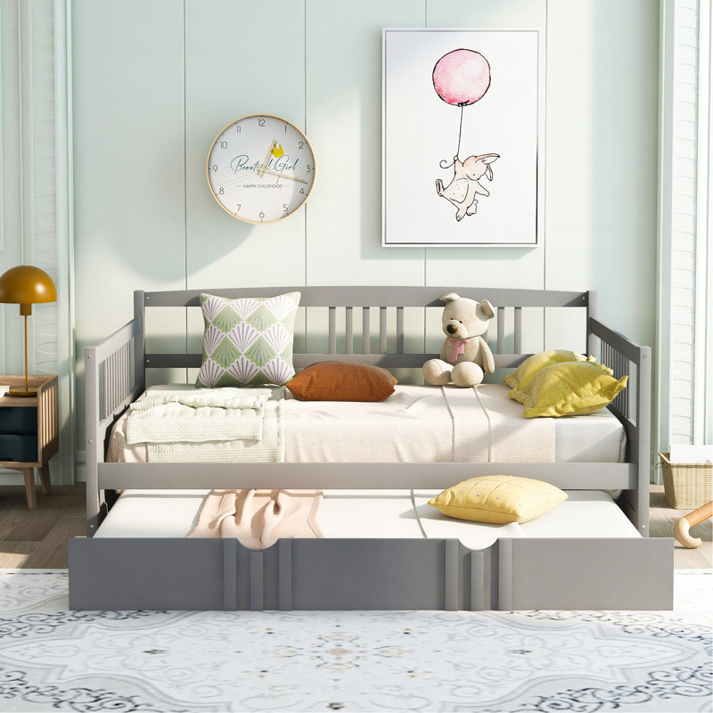 Full Size Daybed Wood Bed With Twin Size Trundle,Gray, Full/Double, Gray