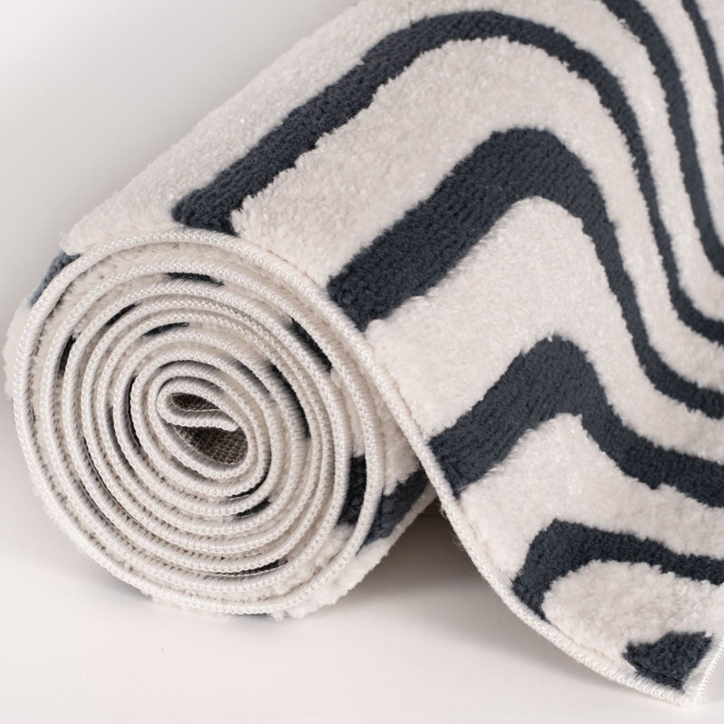 Loft Modern Curved Line Living Room Area Rug and Runner Soft Pile, Rectangle 200 x 290 cm, Navy/Ivory