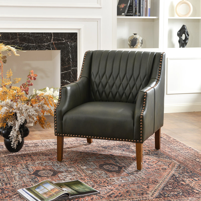 30.5'' W Top-grain Genuine Leather Upholstered Armchair, Dark Green