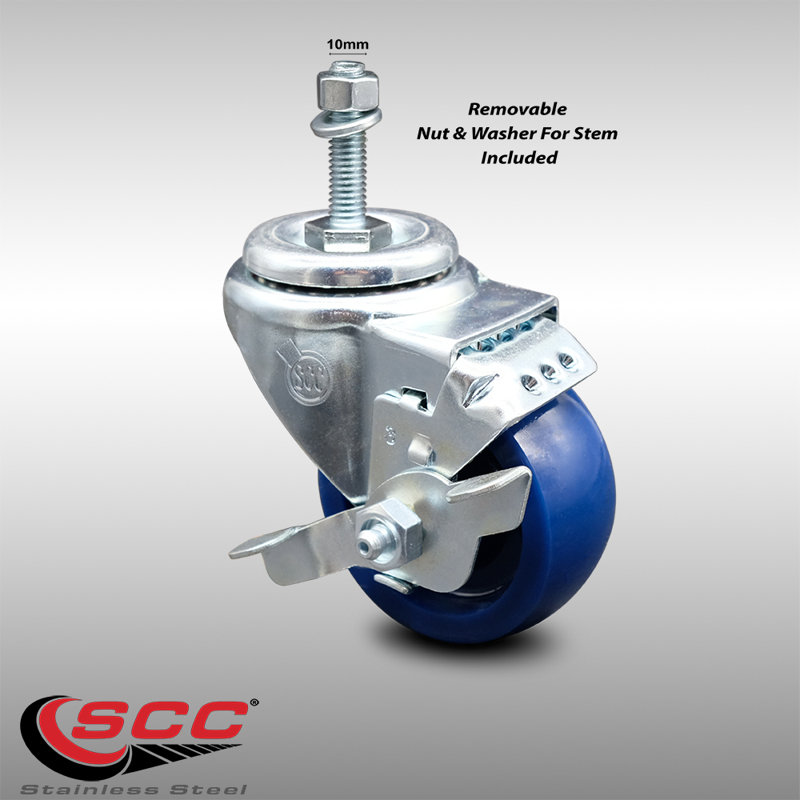 3.5 Inch SS Solid Polyurethane Swivel 10mm Threaded Stem Caster with Brake