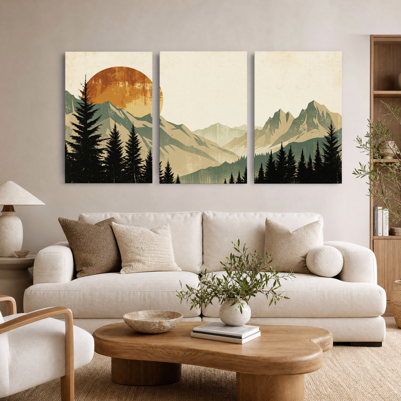 Toile rétro, ensemble de 3 montagnes et pin, H 36 po x l 24 po x 3 pièces