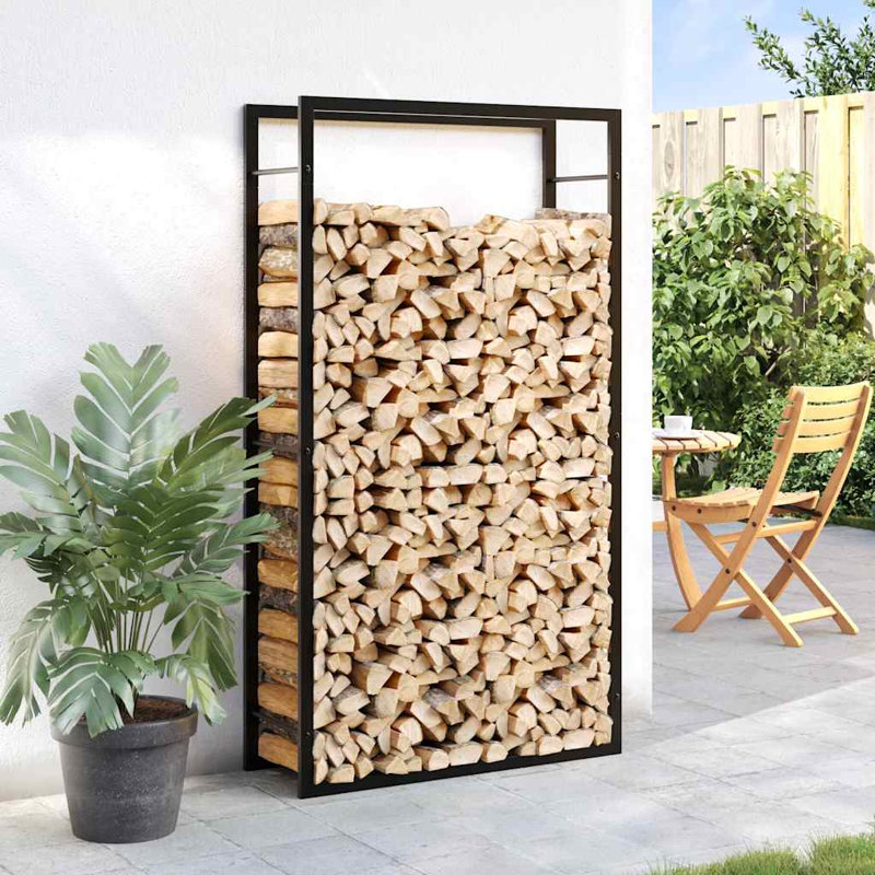  Support de rangement pour bûches d'extérieur en acier noir mat 80 x 28 x 154 cm