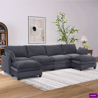 Nyerere 137" W 6 Piece Upholstered Modular Sectional With 2 Ottomans and 2 Pillows