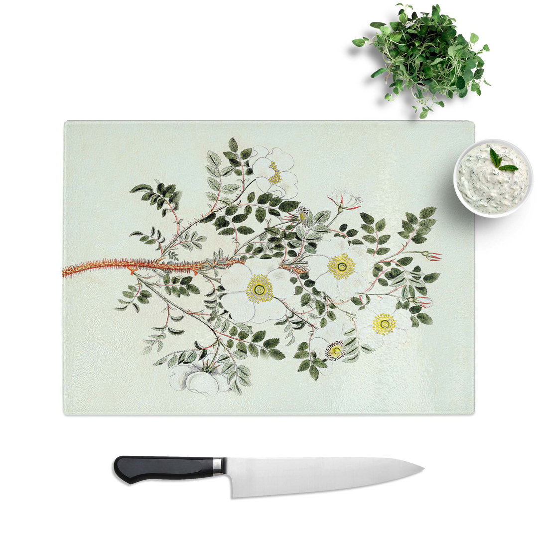Tempered Glass Burnet Rose Flower Illustration Chopping Board