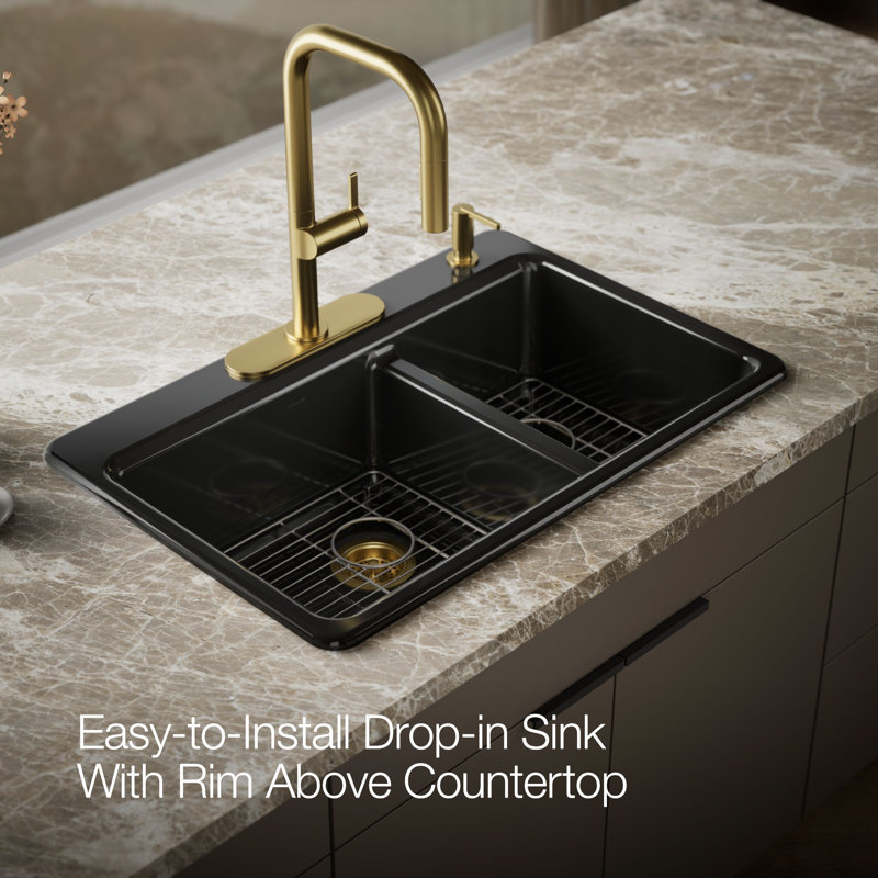 Riverby 33 In. Top-Mount Double-Bowl Kitchen Sink, 4 hole, Black, Large/medium bowls
