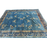 Antique Peking Chinese Allover Floral Blue 1890s Rug