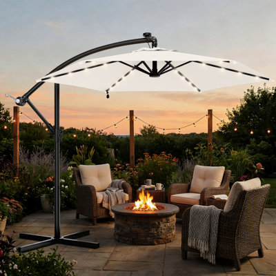 10ft Solar LED Offset Hanging Patio Umbrella with Easy Tilt Adjustment, 6 Sturdy Ribs & UV-Protected Polyester Canopy, Ideal for Backyard, Poolside, Lawn & Garden, White
