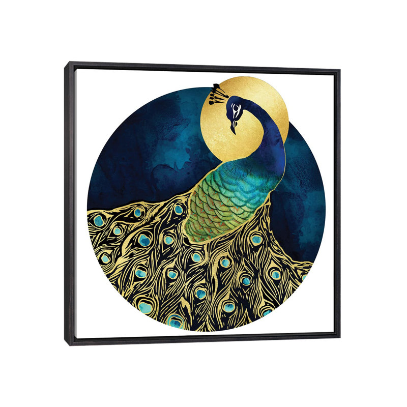 Golden Peacock - impression d'art graphique, Pas de tapis, H 26 po x l 26 po x P 1,5 po, Toile avec cadre noir patiné