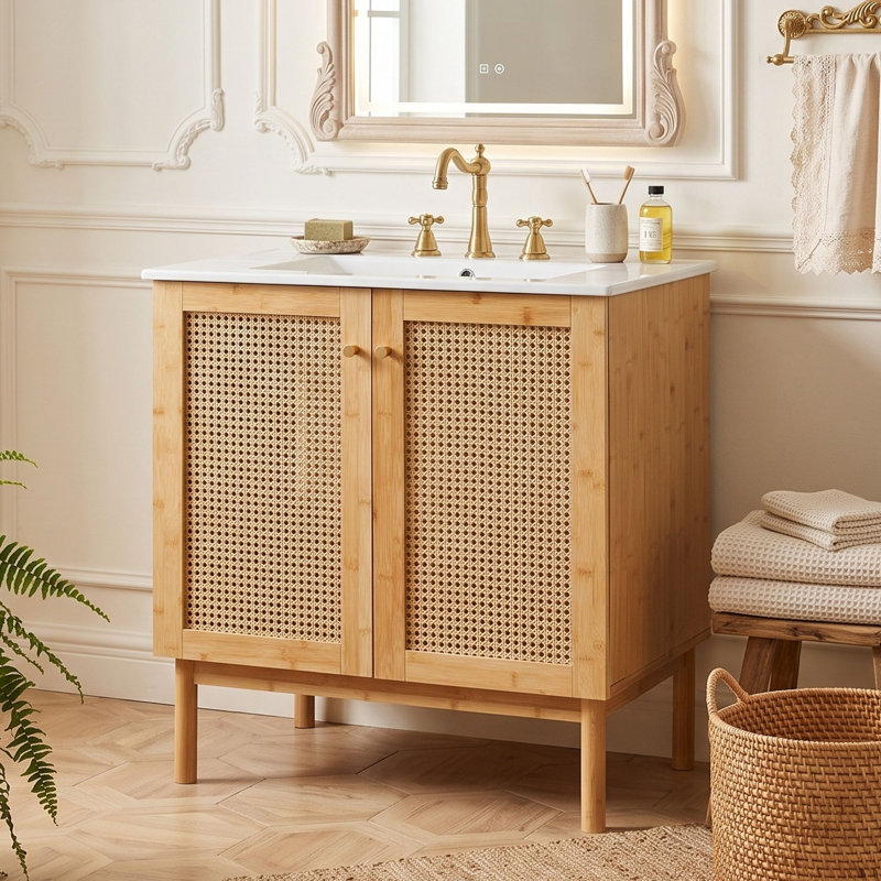 Meuble-lavabo en bambou avec lavabo en céramique et portes en rotin