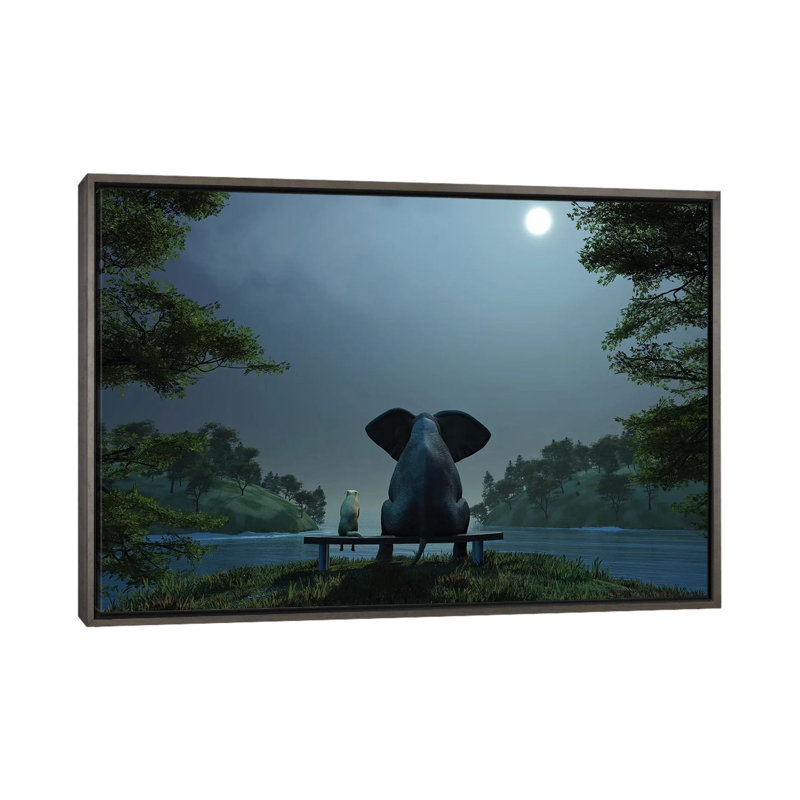 Éléphant et chien la nuit d’été, Encadrement en bois foncé rustique, Pas de tapis, H 26 po x l 40 po x P 1,5 po