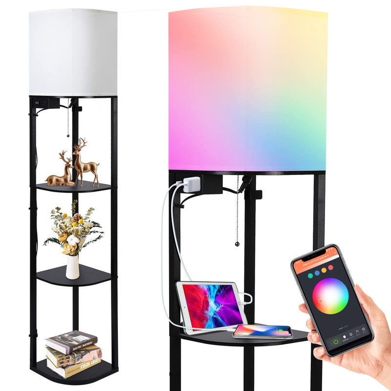Lampe sur pied moderne à 3 niveaux avec ampoule intelligente RVB, 2 ports USB et 1 prise de courant
