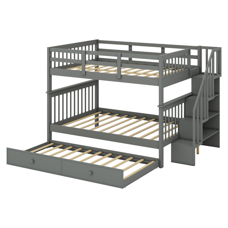Bunk Bed With Trundle, Storage And Guard Rail For Bedroom, Gray