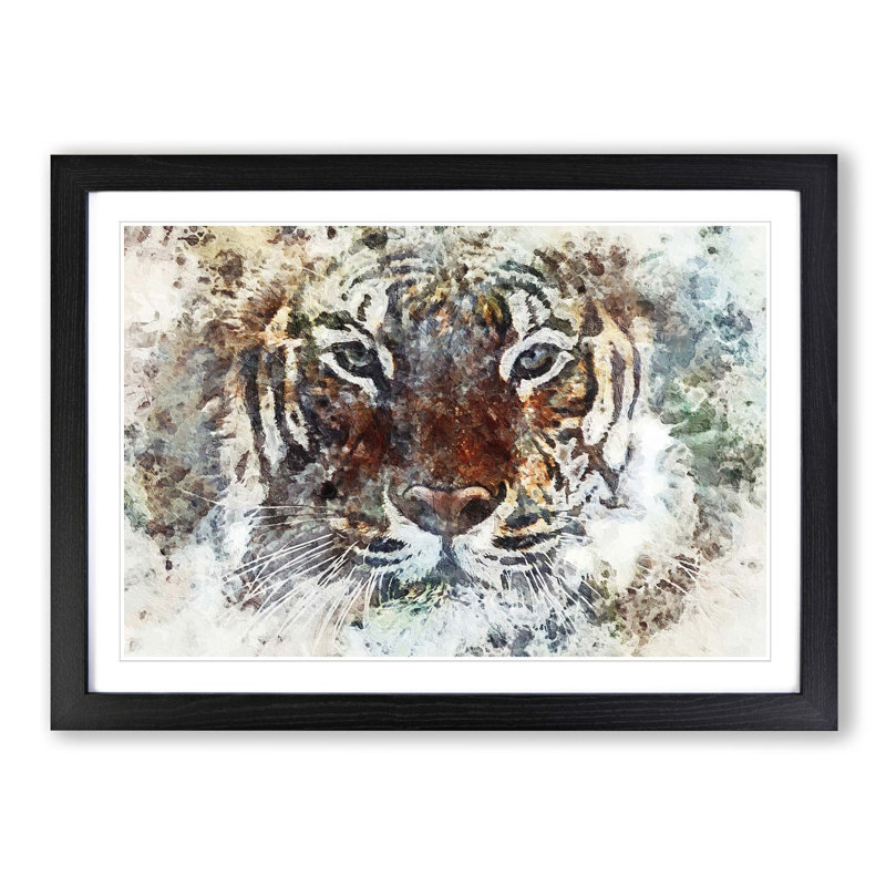 Tiger in the Blue in Abstract - Picture Frame Painting Print on MDF, Black Framed, 36cm H x 48cm W x 2cm D