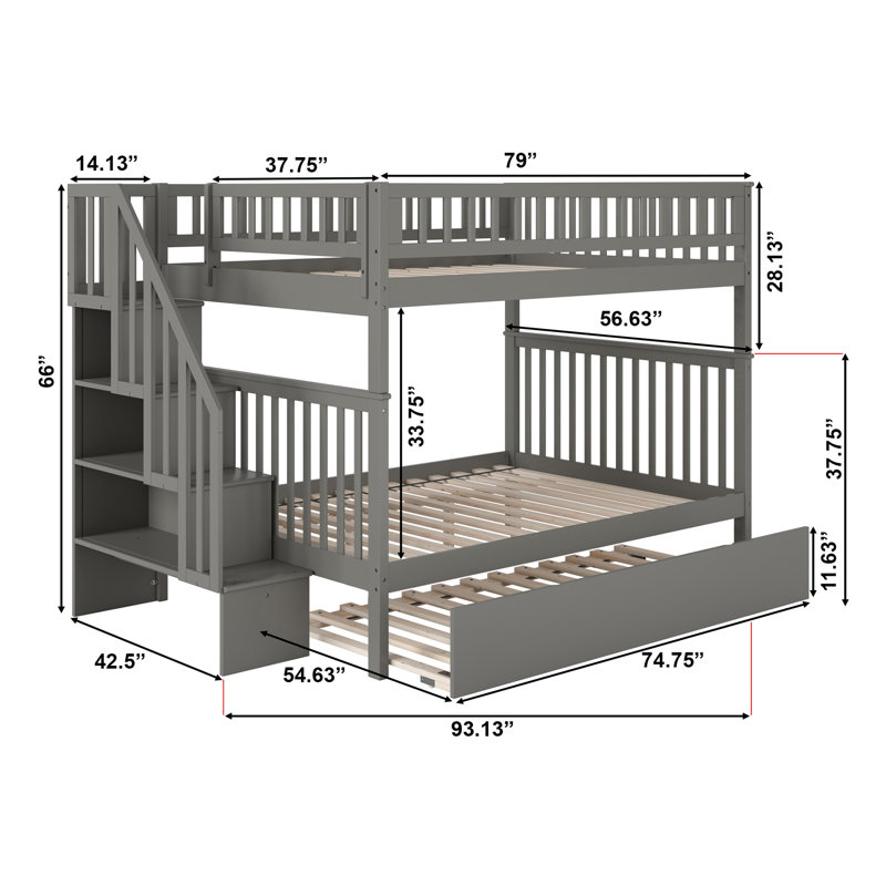 Nala Kids Staircase Bunk Bed with Trundle Bed, Full Over Full, Gray
