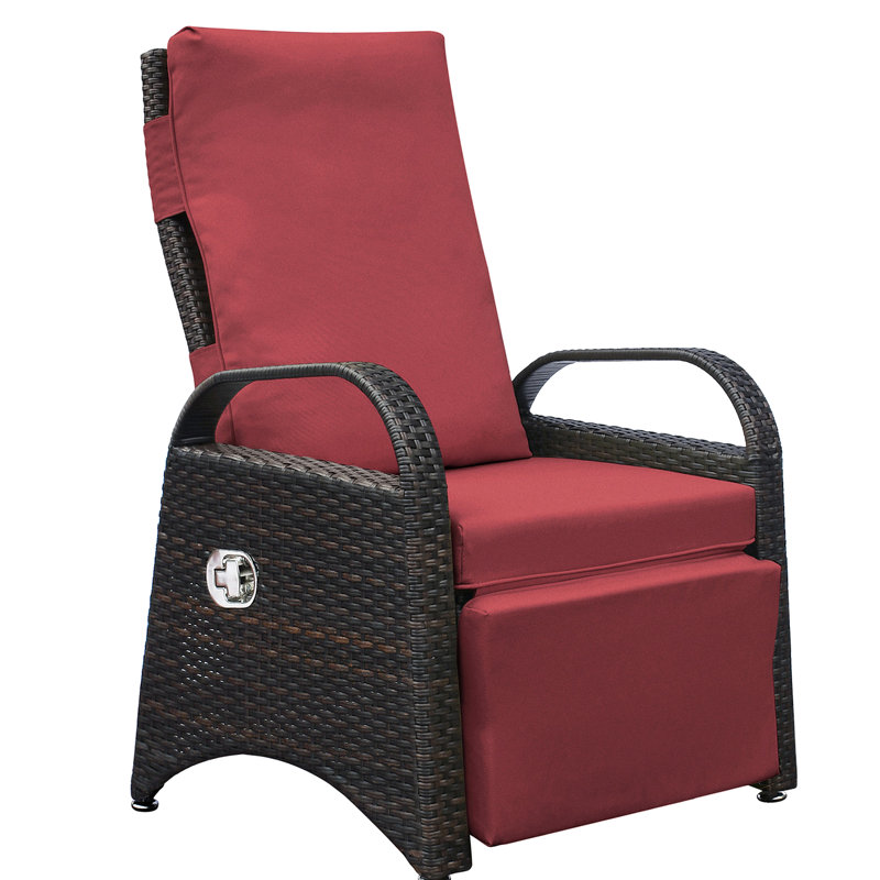 Patio Recliner With Adjustable , Hand - Woven , And Water Fabric, Red Outdoor Secure Buckle Adjustment, Built In Table, Material, Brown +