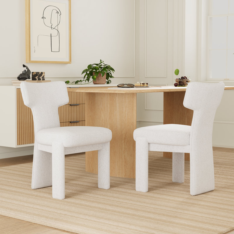 Upholstered Side Dining Chairs – Curved Backrest & Wood Frame (Set Of 2), Beige