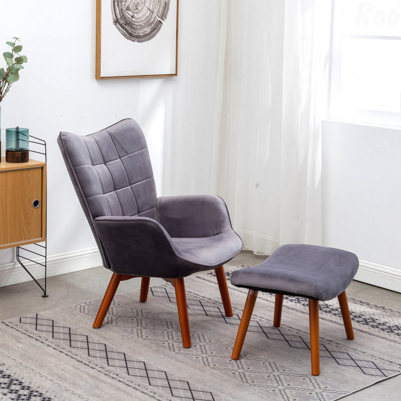Contemporary Style Silky Velvet Ideal For Relaxing Bedrooms Tufted Accent Chair With Ottoman, Gray