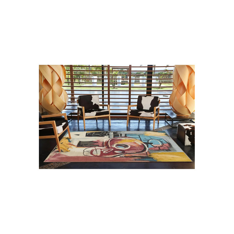 Multicolored Washable Decorative Carpet With Skull Pattern, Rectangle 4'8" x 6'7"