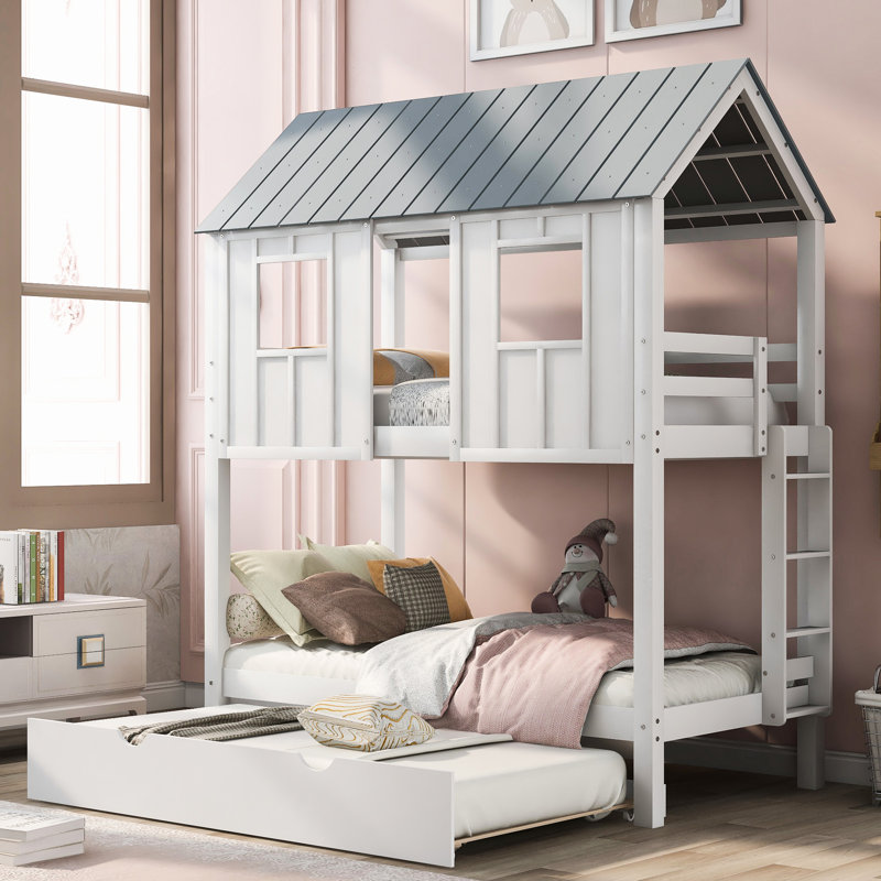 Lit simple superposé avec lit gigogne, fenêtres et toit, blanc et gris, conception de chambre à coucher confortable et durable