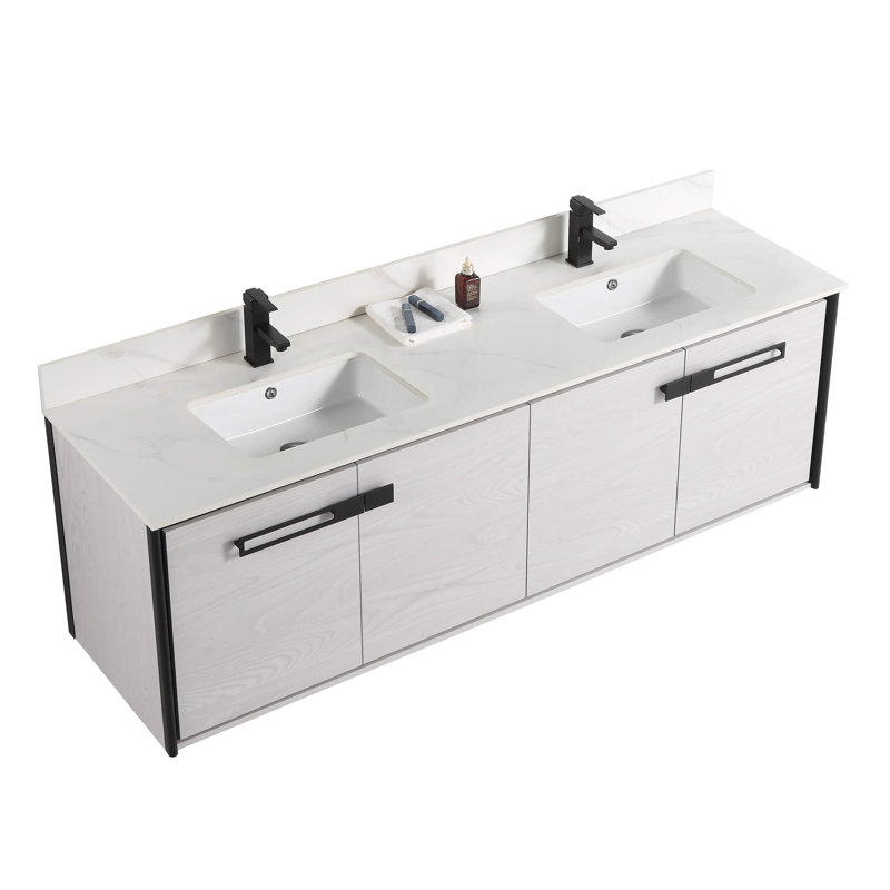 72'' Double Bathroom Vanity with Carrara Quartz Top, Matte Black, Mild Gray Oak