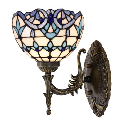 Tiffany Wall Sconce Lamp White Blue Baroque Style Stained Glass 8X10.5X11 Inch Plug in Wall Bedside Light for Hallway Bedroom