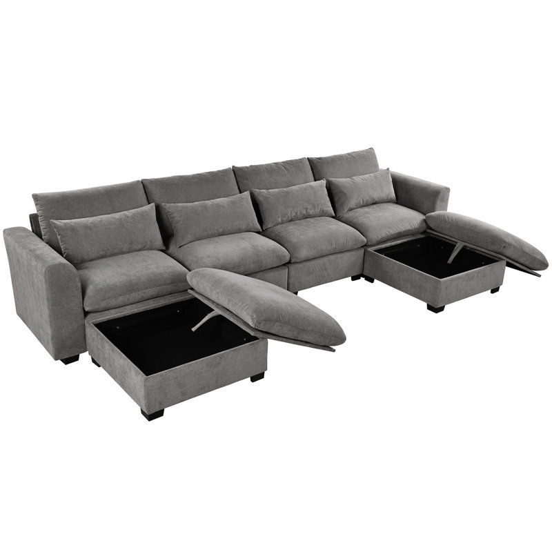 Canapé d'angle modulaire en U avec deux repose-pieds, Mélange de lin gris