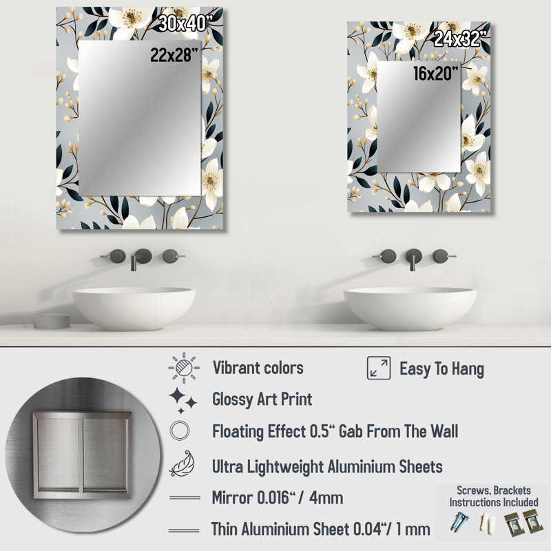 Motif de fleurs Delmita minimalisme gris et beige - miroir floral, miroir mural floral unique, impression d'art en métal