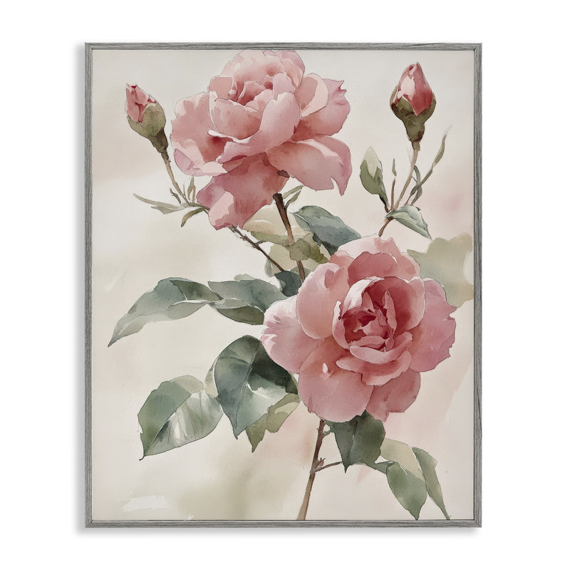 «Pink Watercolor Roses and Buds», dessin de Petal Prints Design, H 30 po x l 24 po, Estampe numérique Farmhouse