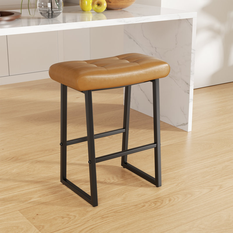 Faux Leather Wide Cushion Bar Stool With Metal Frame, Light Brown Seat/ Black Frame
