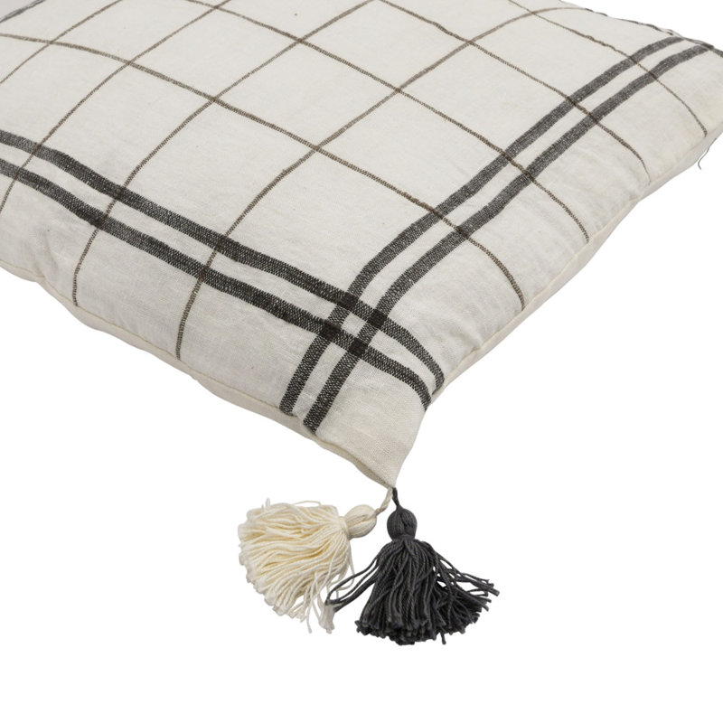 20" White and Black Linen Blend Pillow with Tassels
