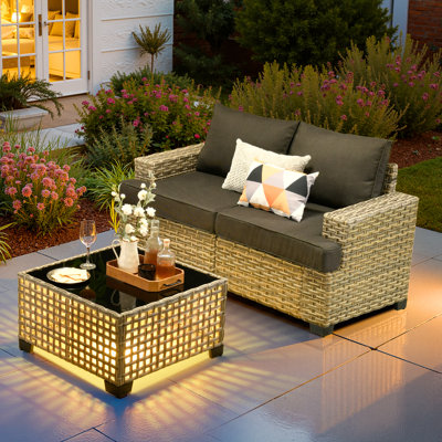 2-Person  Outdoor Sectional With Cushions And Led Coffee Table,  All-Weather Wicker Patio Set