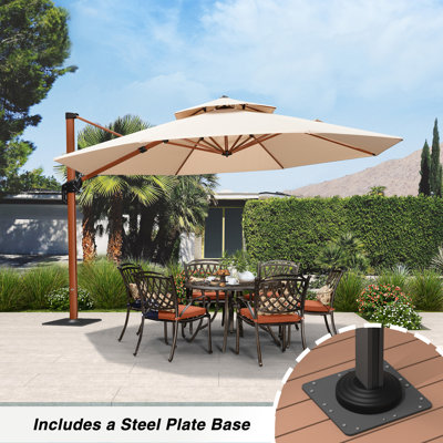  11/12/13FT Round Wood Pattern Cantilever Umbrella With Steel Plate Base,Beige