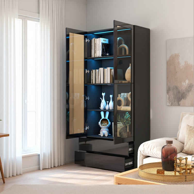Vitrine avec portes en verre, armoire de rangement Curio avec 2 tiroirs, bibliothèque avec lumières DEL