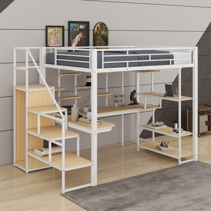 Lit mezzanine double en métal avec escalier de rangement et garde-robe, bureau intégré et tablettes de rangement, Blanc